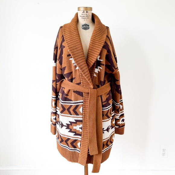 Lucky Brand Aztec Intarsia Shawl Collar Cardigan Sweater Coat - 1X Belted Boho - Picture 5 of 14